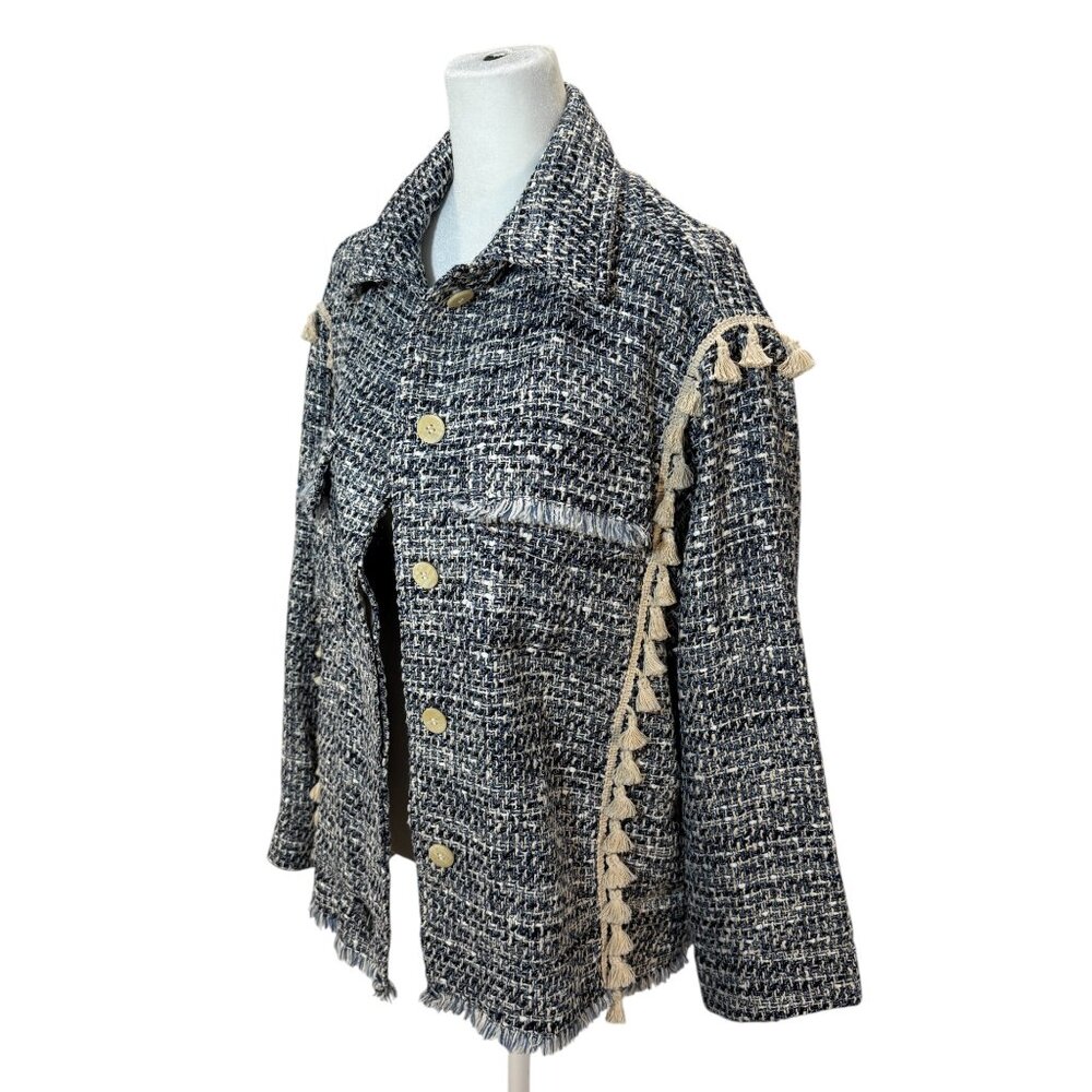 NWOT ZARA Blue White Tweed Knit Jacket, Tassel Trim, Frayed Hem, Size M